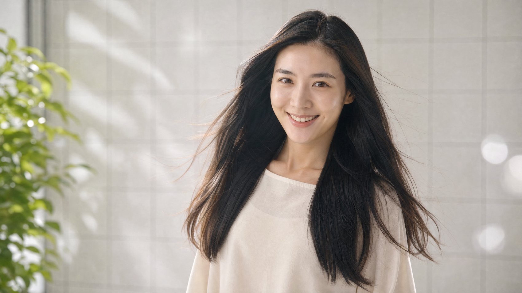 Smiling woman with long, healthy, shiny hair