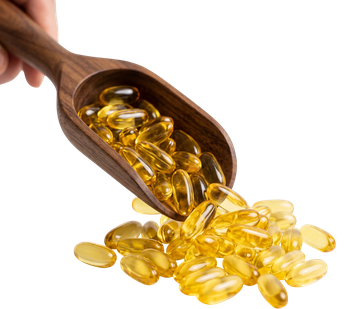 Vitamin E softgel capsules in a wooden scoop