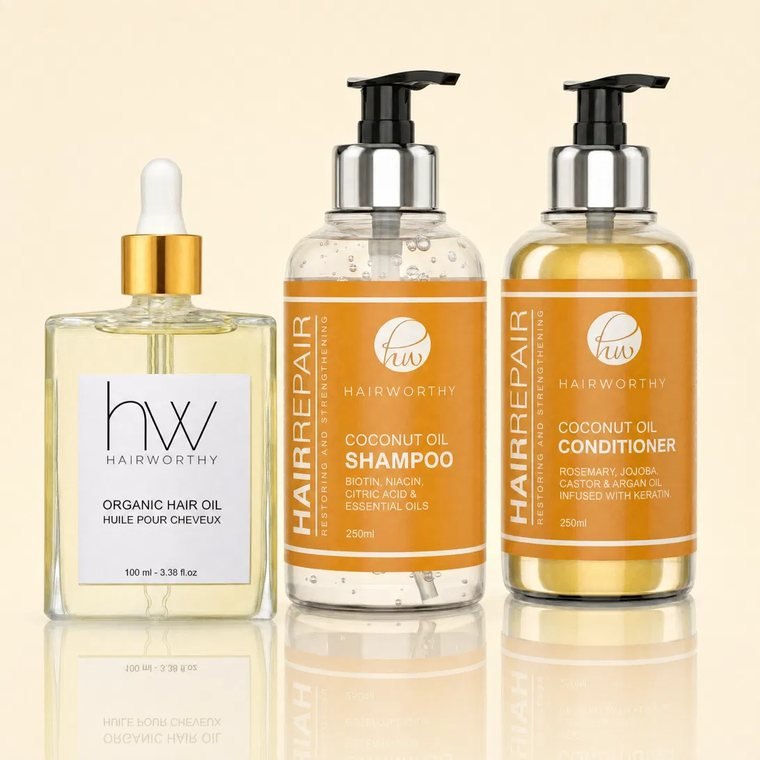 Hairworthy Complete Coconut Ritual bundle — shampoo, conditioner, and hair oil
